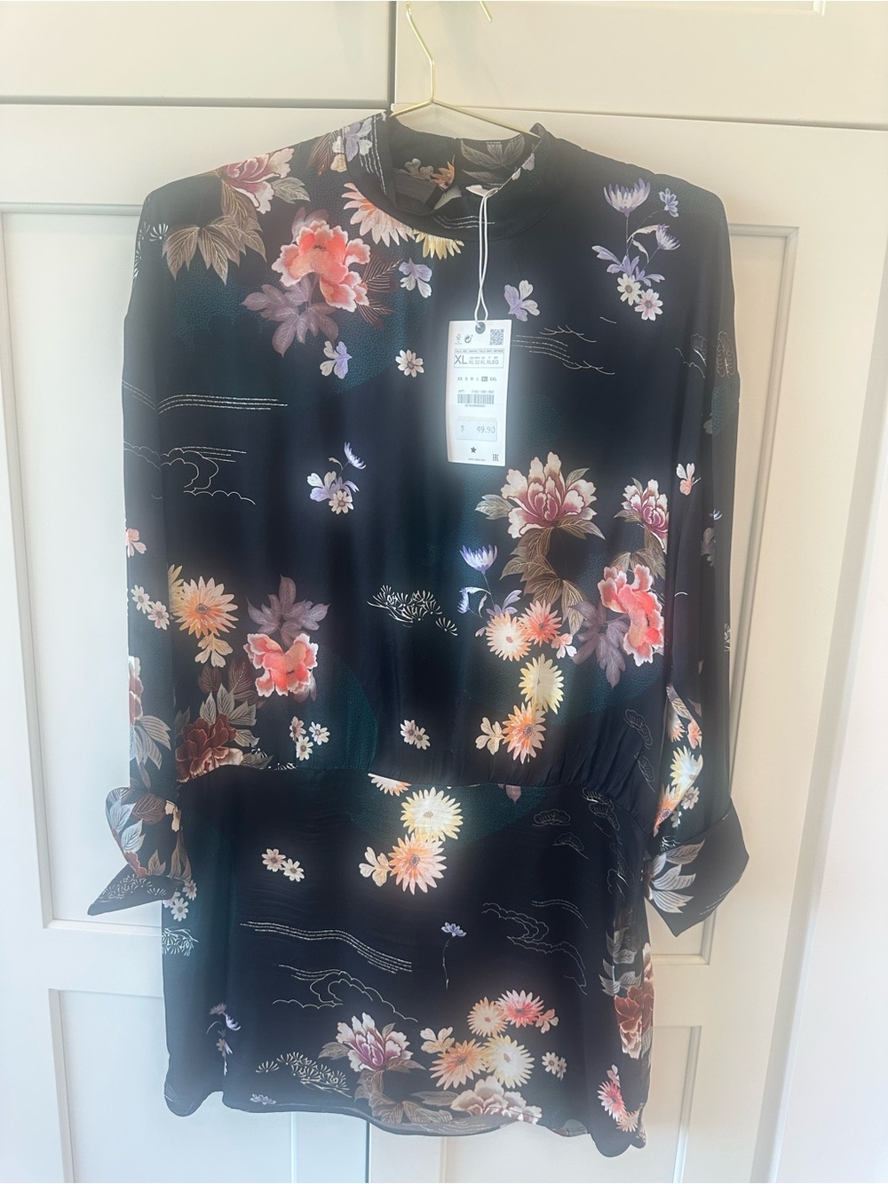 Zara Black Floral Long-Sleeve Top with Pink and Lavender Blooms